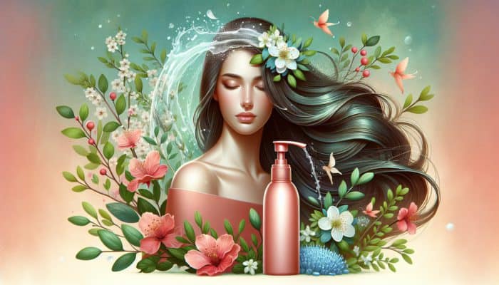 Spring hair refresh with clarifying shampoo, revitalising locks amidst blooming flowers and greenery.