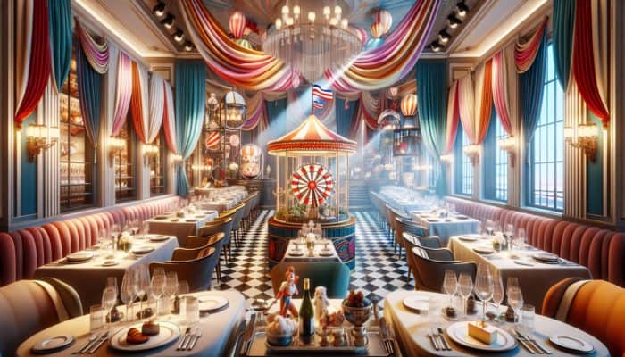 Luxurious French restaurant in Bellagio with colourful circus decor, gourmet dishes, and sophisticated wine selection.