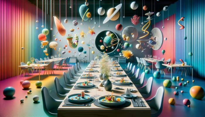 A surreal dining room at Alinea with avant-garde dishes, vibrant colours, and floating courses, engaging all senses.