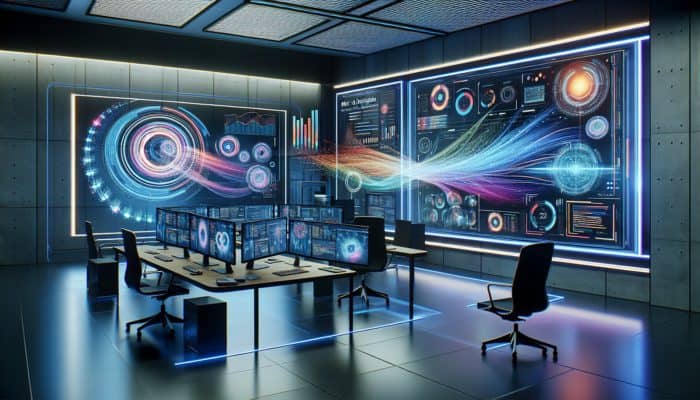 A futuristic interface displaying vibrant graphs and data streams analysing meta descriptions using AI tools in a modern workspace with holographic screens.