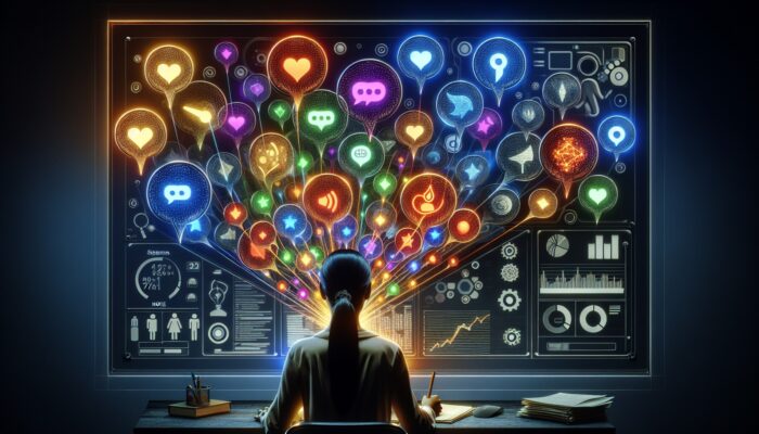 A person analysing user feedback bubbles on a digital interface, differentiating valuable insights from irrelevant noise.