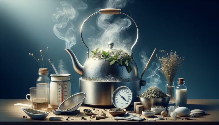 An inviting kitchen scene with herbs steeping in boiling water, cooling for a baby's safety.
