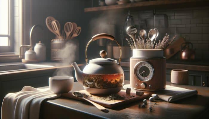 A cosy kitchen featuring a teapot with herbs, steam, timer, and a cooling container for baby's safety.