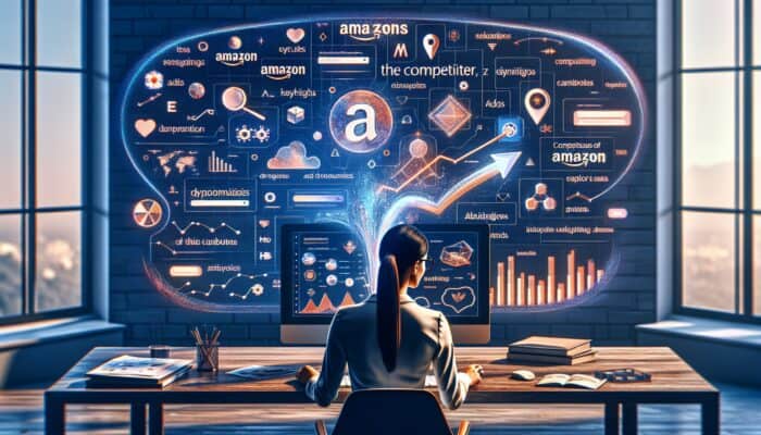 Analyst using digital tools to assess competitor's Amazon ad campaigns on screen.