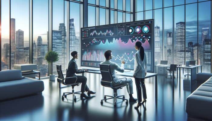 Individual analysing market trends on computer with graphs demonstrating seasonal demand, modern office with a city view.
