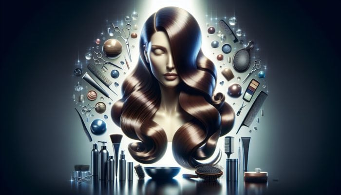 Woman displaying glossy, salon-quality hair styled in luxurious waves, set in a professional salon with hair care products.