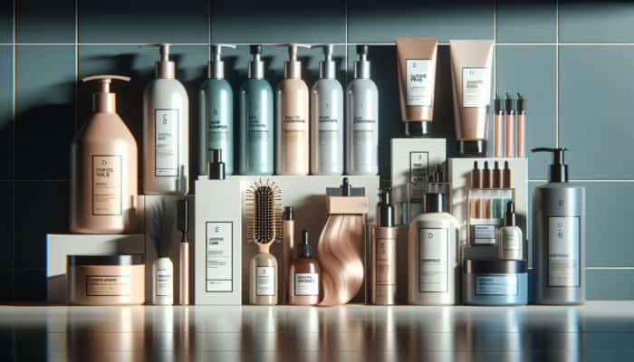A diverse selection of hair care products on a shelf, enhancing the shine and health of colour-treated hair.