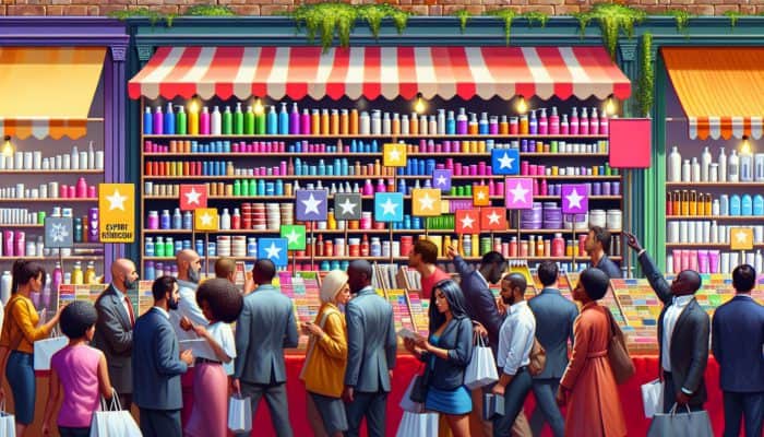 A lively UK marketplace stall featuring affordable hair products, with expert recommendations and diverse customers browsing.
