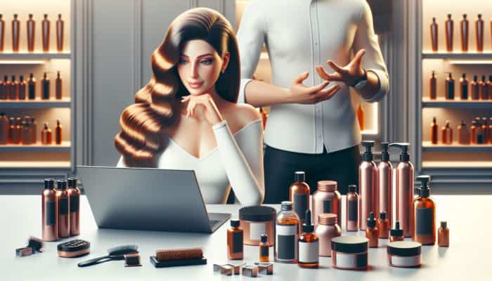 Individual with healthy hair using a laptop to view hair care blogs and tutorials, with stylist and products in a salon.