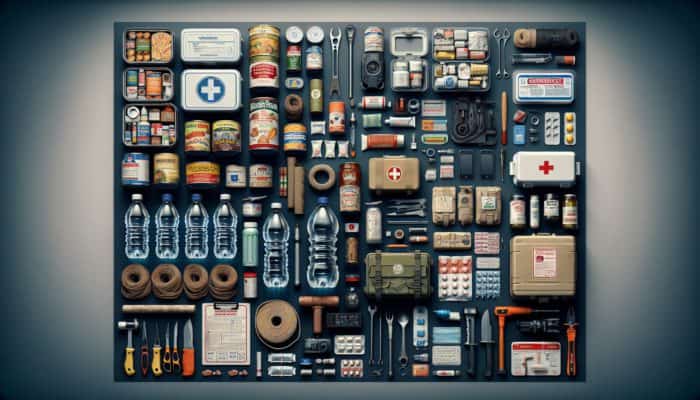 A detailed prepping kit on a table with food, water, medical items, tools, and emergency gear, neatly arranged and labelled.