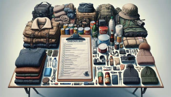 A well-organised prepping kit on a table with items being checked and replaced, including expired food, seasonal gear, and a checklist.