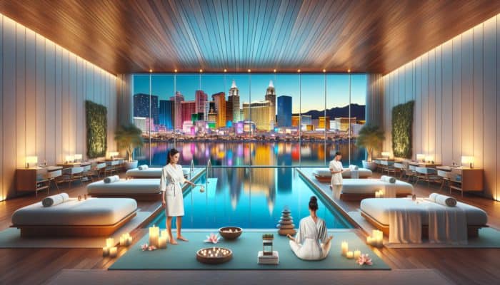 Luxurious spa treatment rooms and calming pools in Las Vegas with skyline view.