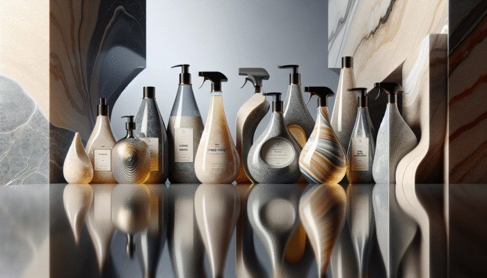 Bottles of premium pH-neutral stone floor cleaners from top UK brands arranged on a marble countertop.