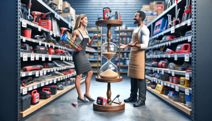 An individual negotiating tool rental discounts in a hardware store, surrounded by an array of tools, alongside a calendar and price comparison chart.