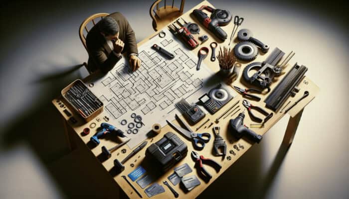 A person strategising tool rental savings with tools, coupons, and loyalty cards spread out on a desk.
