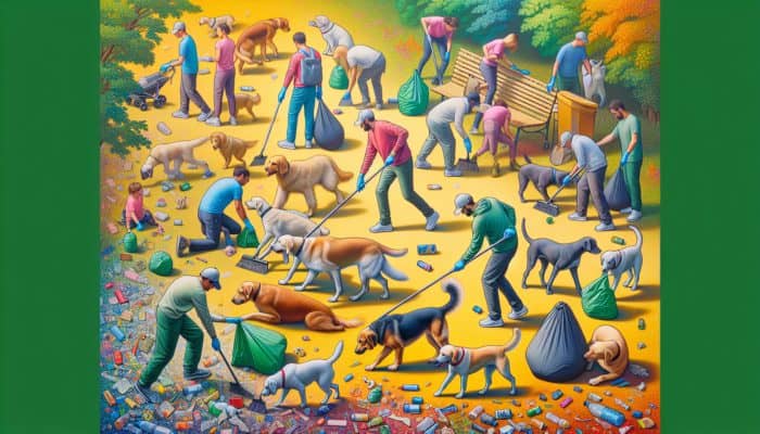 Community Cleanups With Dogs: Dogs and volunteers energetically cleaning a park, dogs using their sense of smell to locate litter.
