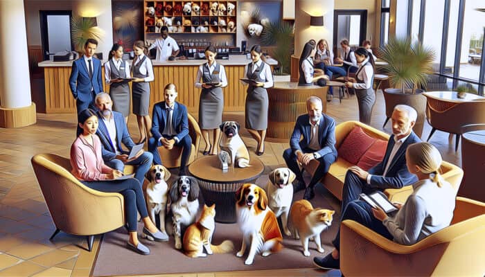 A welcoming hotel lobby showcasing pets and staff providing pet-friendly amenities and advice.