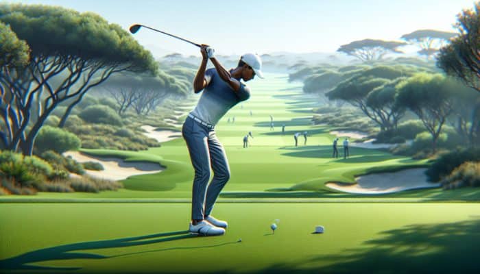 South African golfer practicing swing techniques on a lush course, using an open stance for higher trajectory.