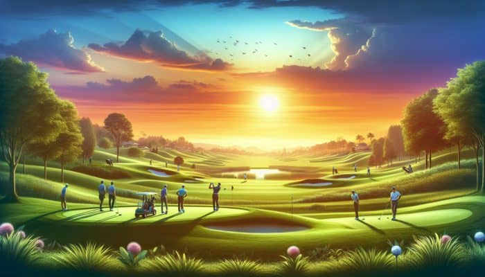 Akasia Golf Club: A scenic golf course at Akasia Golf Club with lush greens, rolling hills, and players at sunset.