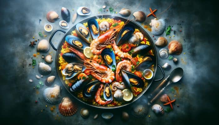 Top Seafood Paella Recipes for Crowds: A colourful seafood paella with shrimp, mussels, clams, calamari, and white fish on saffron rice.