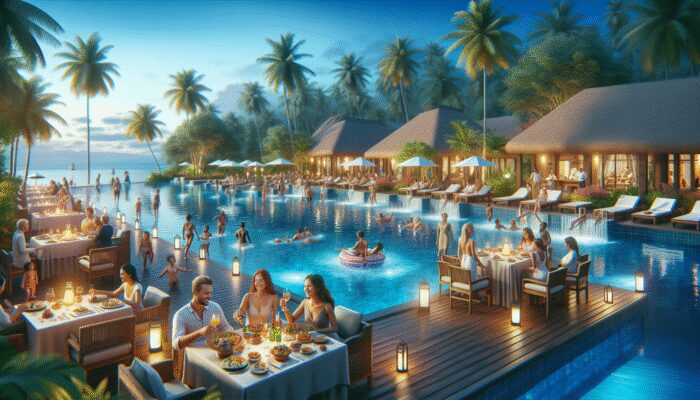 Luxurious all-inclusive resort with guests enjoying meals, cocktails, activities, and evening show in tropical setting.