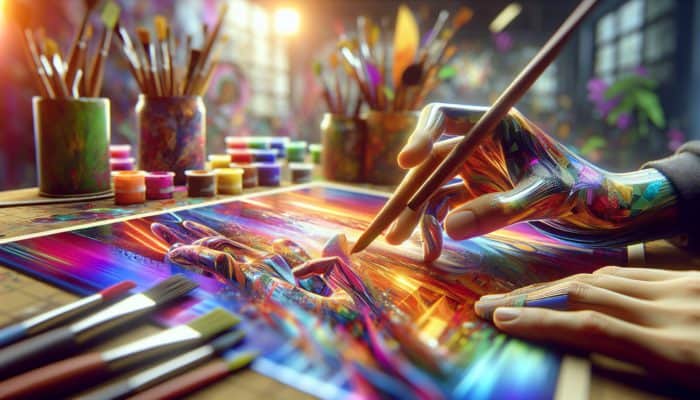 Hands applying colourful foils in layers on a canvas in an artist's studio.