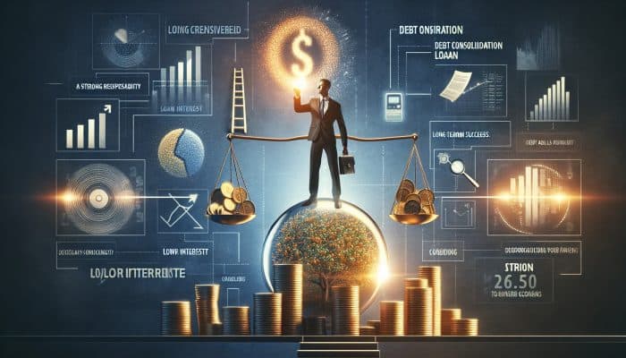 A person reviewing loan documents, selecting a debt consolidation loan with a lower interest rate, symbolising financial responsibility.