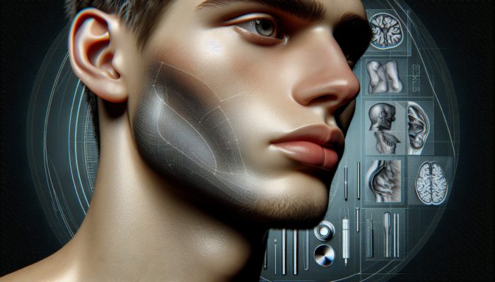 Portrait of a person with a defined jawline, showing swelling and discoloration post contouring, in a clinical setting with medical tools.