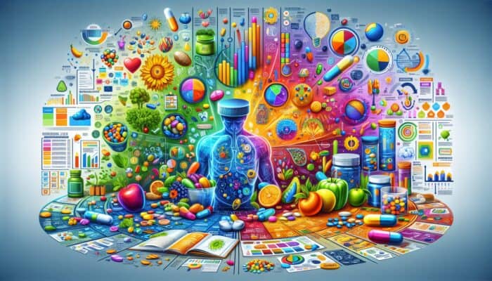 A vibrant infographic illustrating the benefits and uses of dietary supplements, catering to various learning styles.