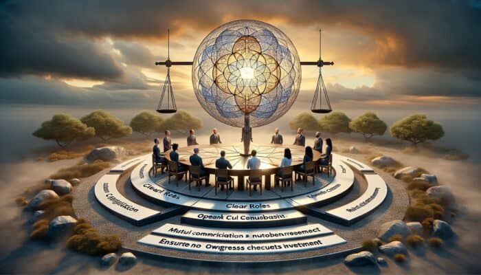 An infographic illustrating experts working together with clear roles, mutual respect, and open communication.