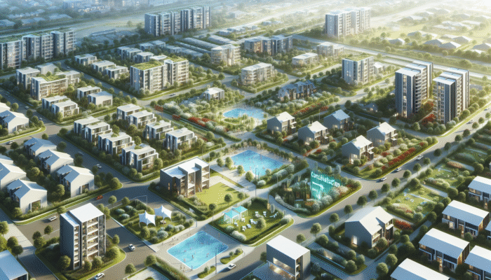 Aerial view of modern, affordable gated community in Ladysmith with family amenities and expert consultation booths.