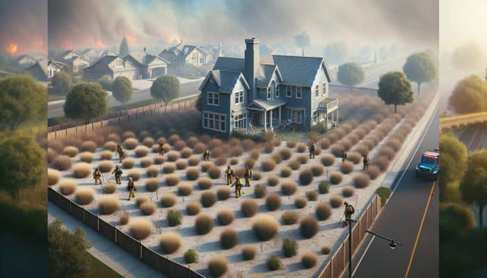 A suburban home with a clear, vegetation-free zone to reduce wildfire spread, firefighters nearby.