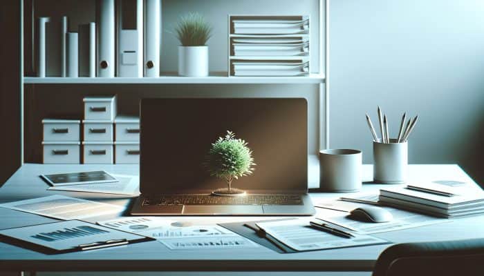 How to Stay Motivated with a Consolidation Loan: UK Strategies | DCL A laptop on an office desk showing a graph of financial growth, with notes and a potted plant.