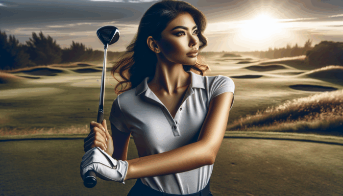 Golfer swinging custom-fit fairway wood on challenging course, achieving perfect distance and accuracy.