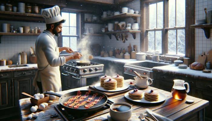 A chef preparing a hearty winter breakfast in a cozy kitchen with snow falling outside.
