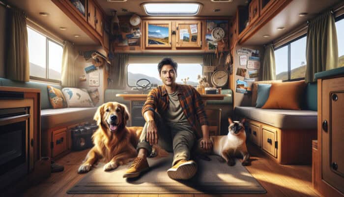 A cosy RV interior with a person, dog, and cat relaxing, filled with personal touches and travel mementos.