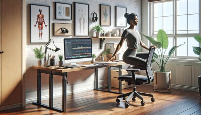 A remote worker doing stretches at a home office desk with ergonomic equipment and a bright workspace.