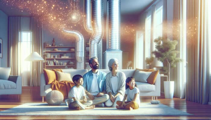 Duct Cleaning Services in New Westminster: Clean air ducts in a serene home, improving air quality and respiratory health, family breathing comfortably.