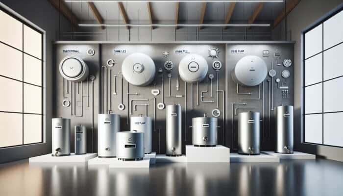 Hot Water Tank Services in Ladner Delta: A display of diverse hot water tanks in a contemporary showroom, including conventional, tankless, and heat pump models.