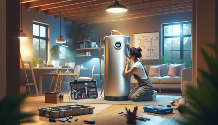 Modern hot water tank installed in a comfortable Ladner, Delta basement, serviced by a qualified plumber.