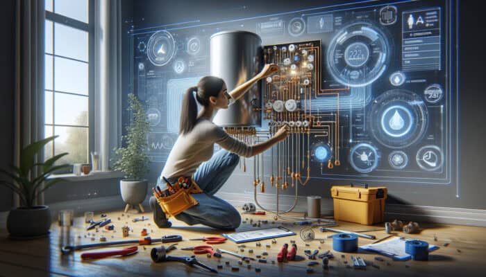 A qualified installer connects a hot water tank to electrical and plumbing systems in a modern residence.