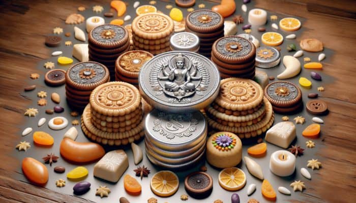 Festive sweets with silver foil, intricate icing, shaped as coins and deities, featuring dried fruits for Diwali.