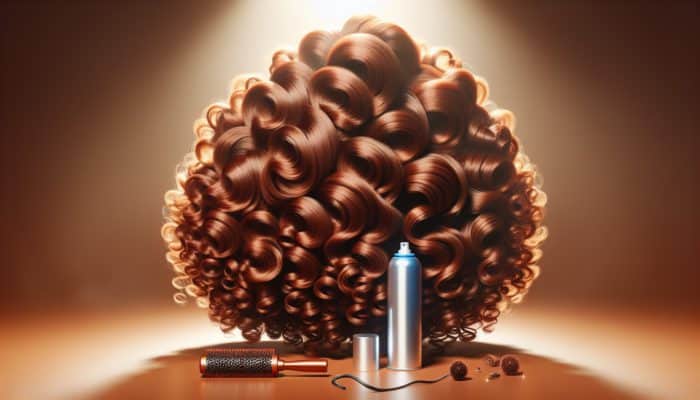 Vivid curls styled with hairspray and mousse, cooling to retain shape, protected from humidity.