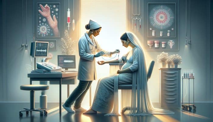 Pregnancy Blood Test in Poole: A nurse draws blood from a serene pregnant woman in a modern clinic, symbolising accurate hCG pregnancy testing.