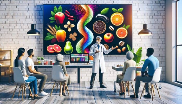A doctor in a Harrogate clinic educates a diverse group on food intolerance myths using colorful diagrams, fruits, and testing kits.
