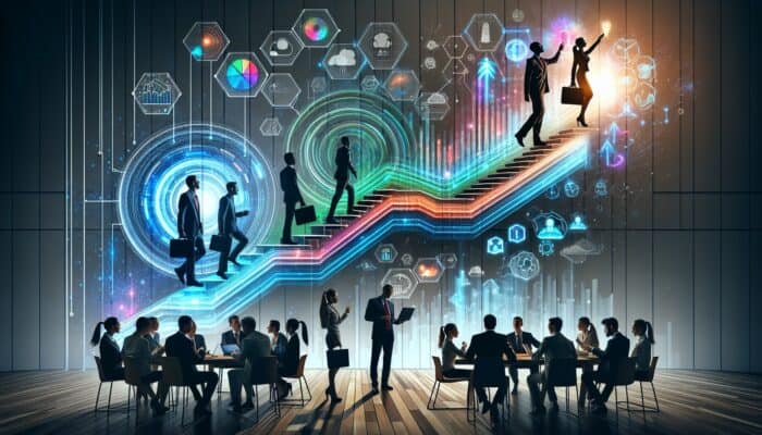 Agents promote web hosting in an office scene, with support escalations as a glowing ladder and climbing figures amid charts and huddles.