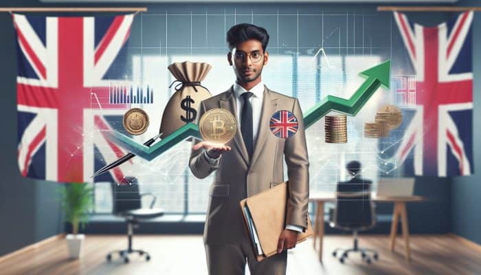 Eligibility for Large Debt Consolidation Loans | DCL A professional in a modern London office presents payslips and contracts to a lender, with upward-trending graphs and Union Jack flags symbolizing stable income.