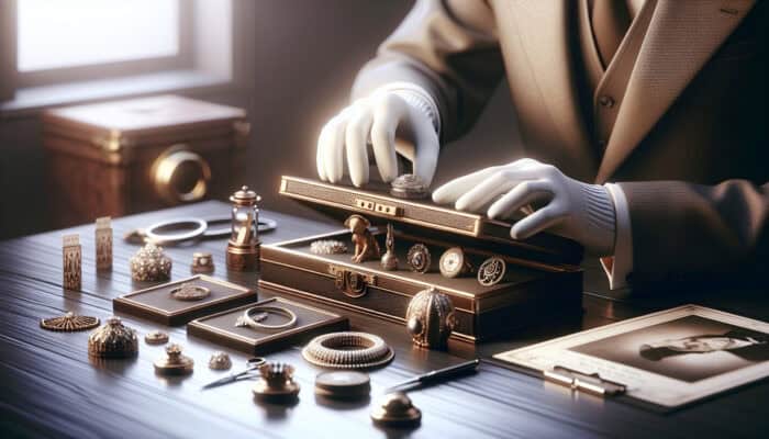 An expert in white gloves examines antique jewelry and collectibles on a polished wooden table, surrounded by appraisal documents, a secure safe, and photographs in a softly lit room.