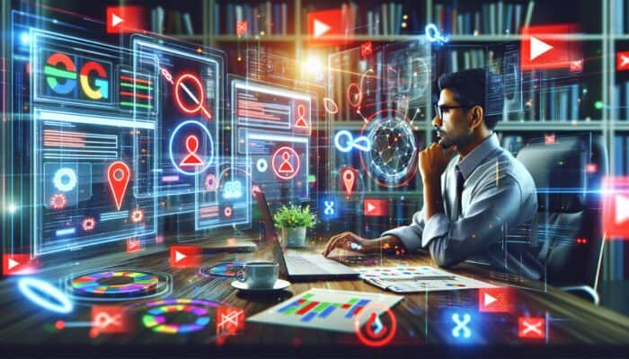 An SEO expert in a high-tech office analyses data dashboards on multiple screens, highlighting issues with red flags and icons amid charts.