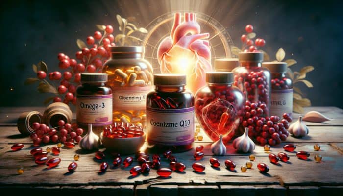 Vibrant still life of heart health supplements on a sunlit table: omega-3, CoQ10, garlic bottles, red berries, glowing heart, and global maps.